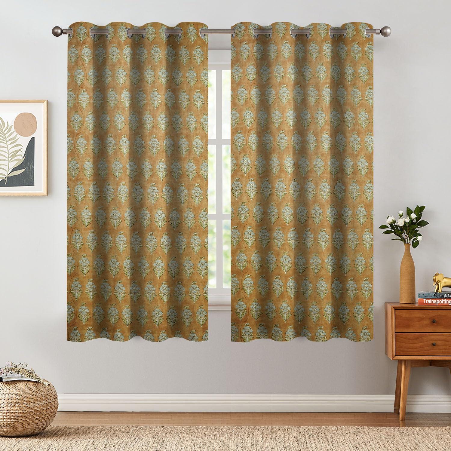 Floral Blackout Linen Curtain with Hand Block Print - Decorative Thick Fabric Window Drapes - Mormukut