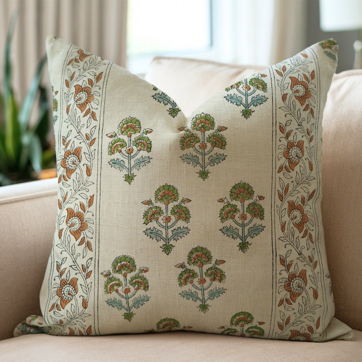 Pure Linen Handblock Printed Pillow Cover – Gray and Brown Floral Design with Traffic Light Border By Fabdivine.