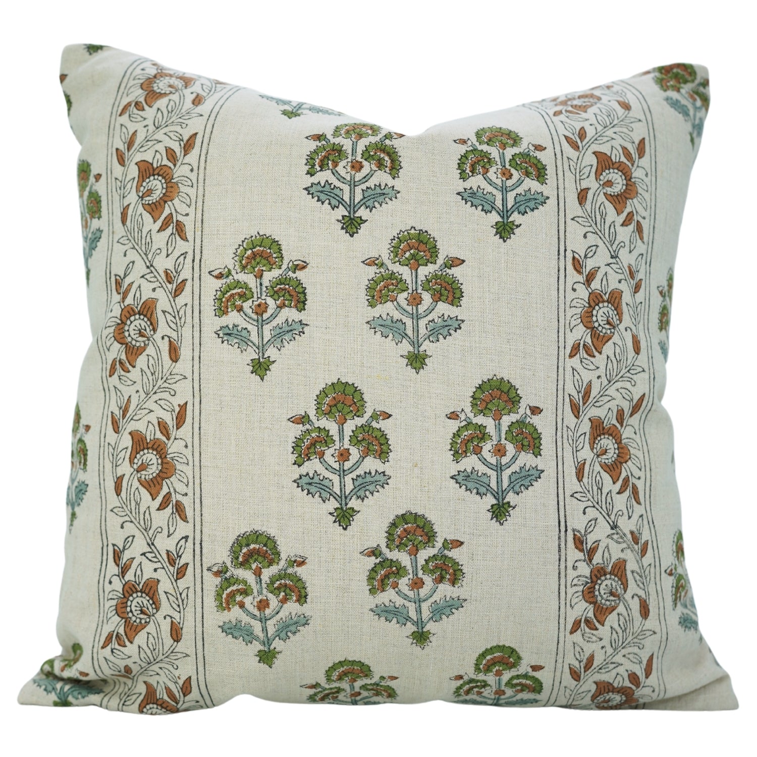 Pure Linen Handblock Printed Pillow Cover – Gray and Brown Floral Design with Traffic Light Border By Fabdivine.