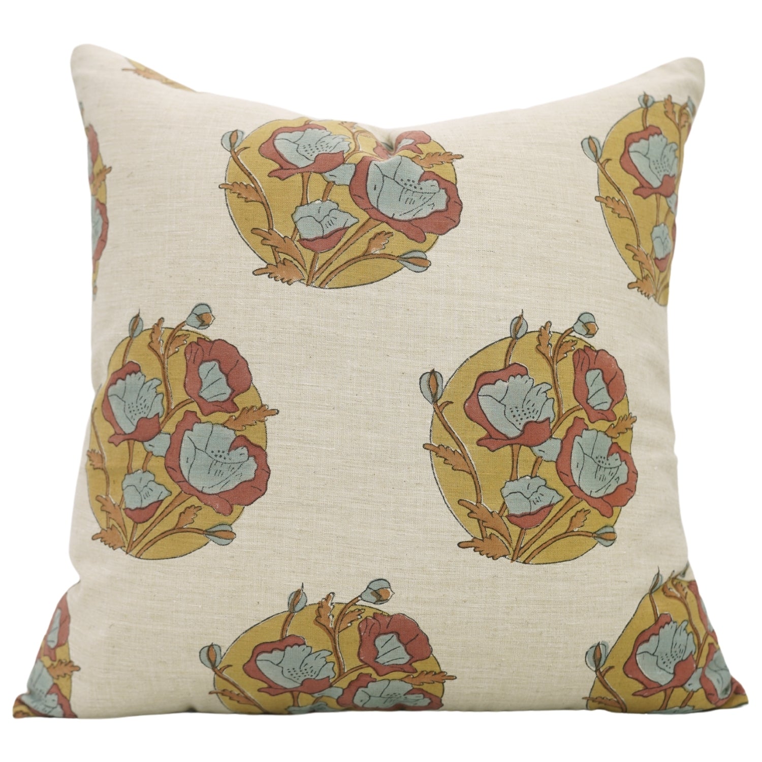 Hand Block Floral Printed Sofa Pillow Cover in Red and Gray - Linen Blend