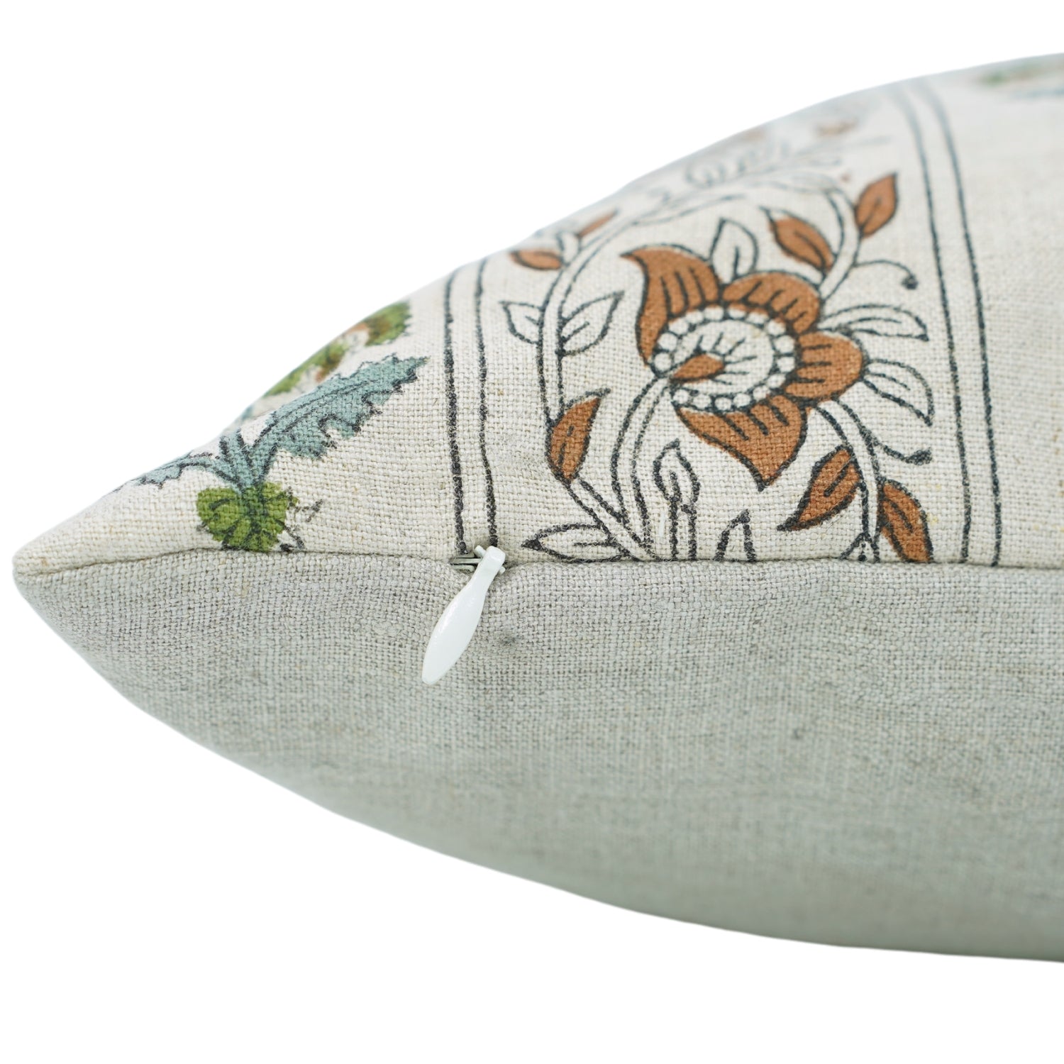 Pure Linen Handblock Printed Pillow Cover – Gray and Brown Floral Design with Traffic Light Border By Fabdivine.