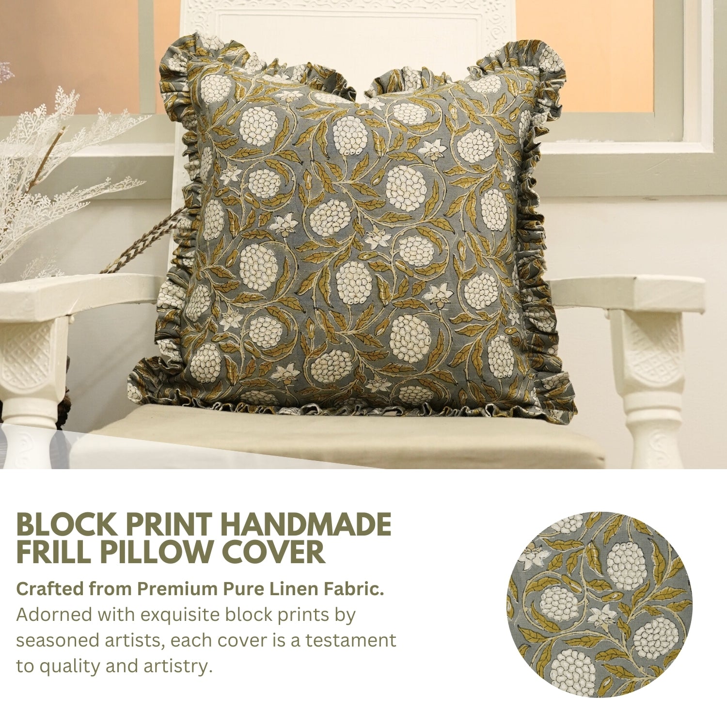 Block Print Pure Linen Frill Pillow Cover-Meraki