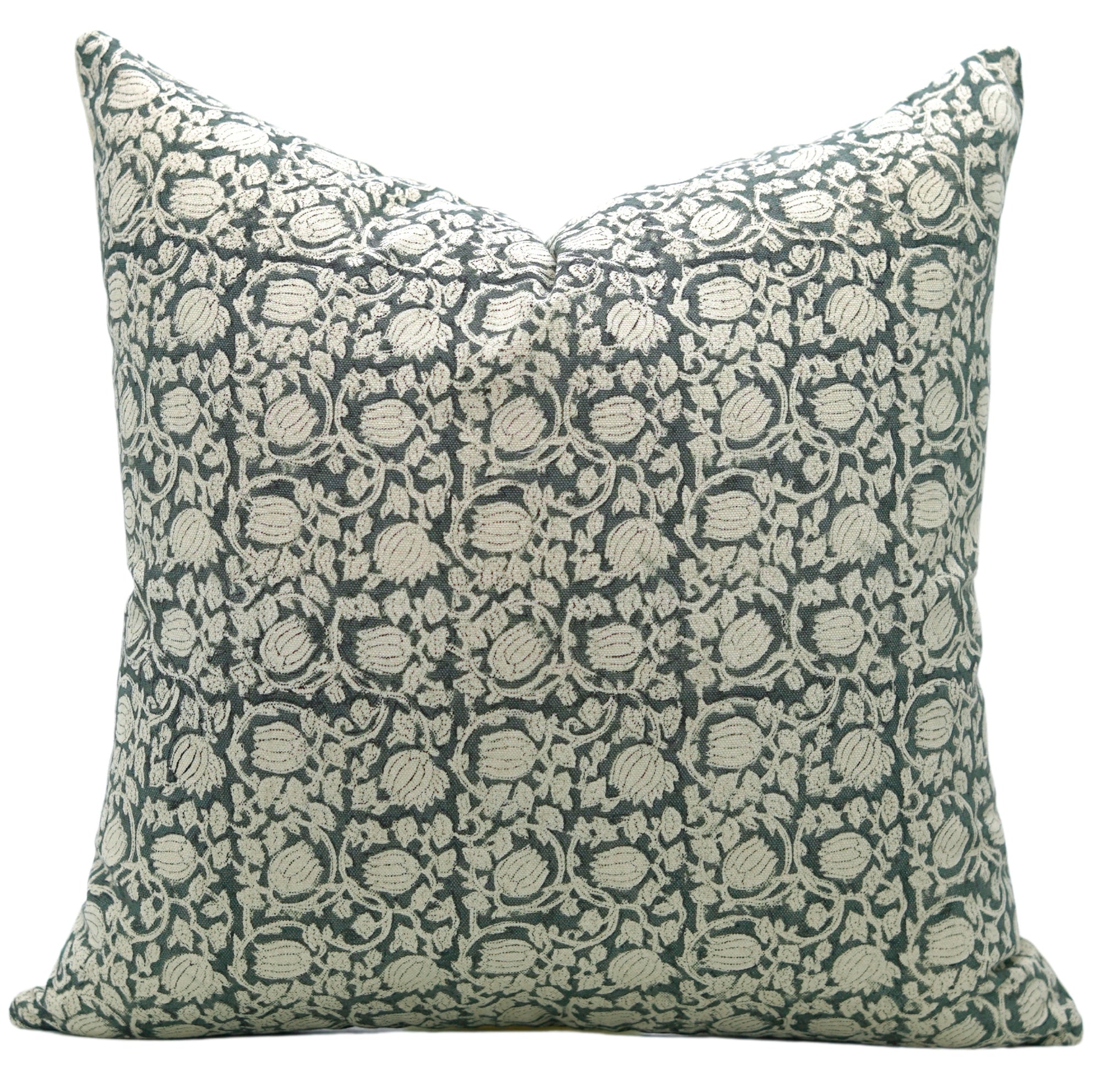 Handblock Floral Printed Duck Canvas Cushion Case - Green Elegance, Durable & Stylish - 8 Kamal By Fabdivine