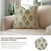 Pure Linen Handblock Printed Pillow Cover – Gray and Brown Floral Design with Traffic Light Border By Fabdivine.