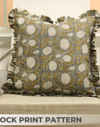 Block Print Pure Linen Frill Pillow Cover-Meraki