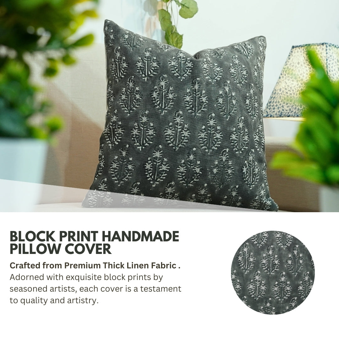 Block Printed Thick Linen Decorative Pillow Cover - Neelgagan