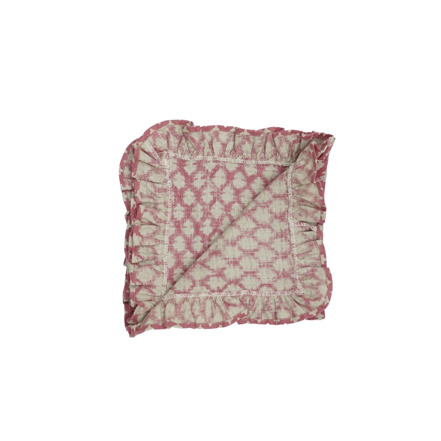 Floral Handblock Printed Frill Adorned Linen Table Napkins PinkCity Fabric in Pink Color