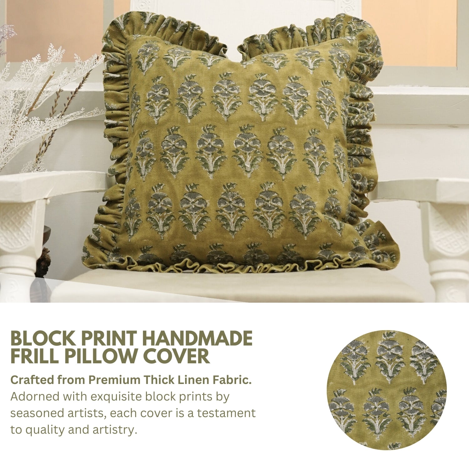 Block Print Thick Linen Frill Pillow Cover-Mor Mokut