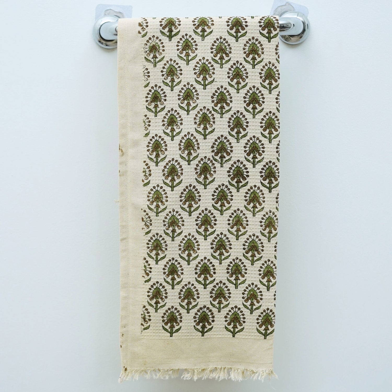 Traditional Block Printed Waffle Hand Towels in Green Gurukul Design By Fabdivine