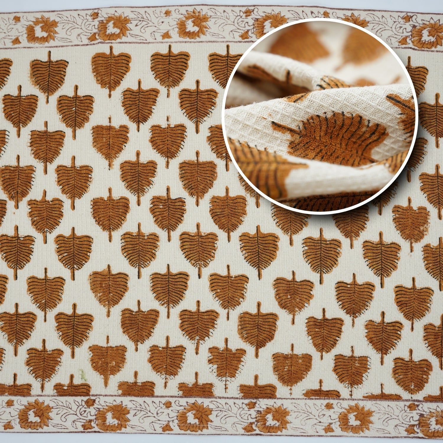 Handmade Block Printed Cotton Towels Waffle Weave For Bathrooms & Kitchens - Udaan Brown By Fabdivine