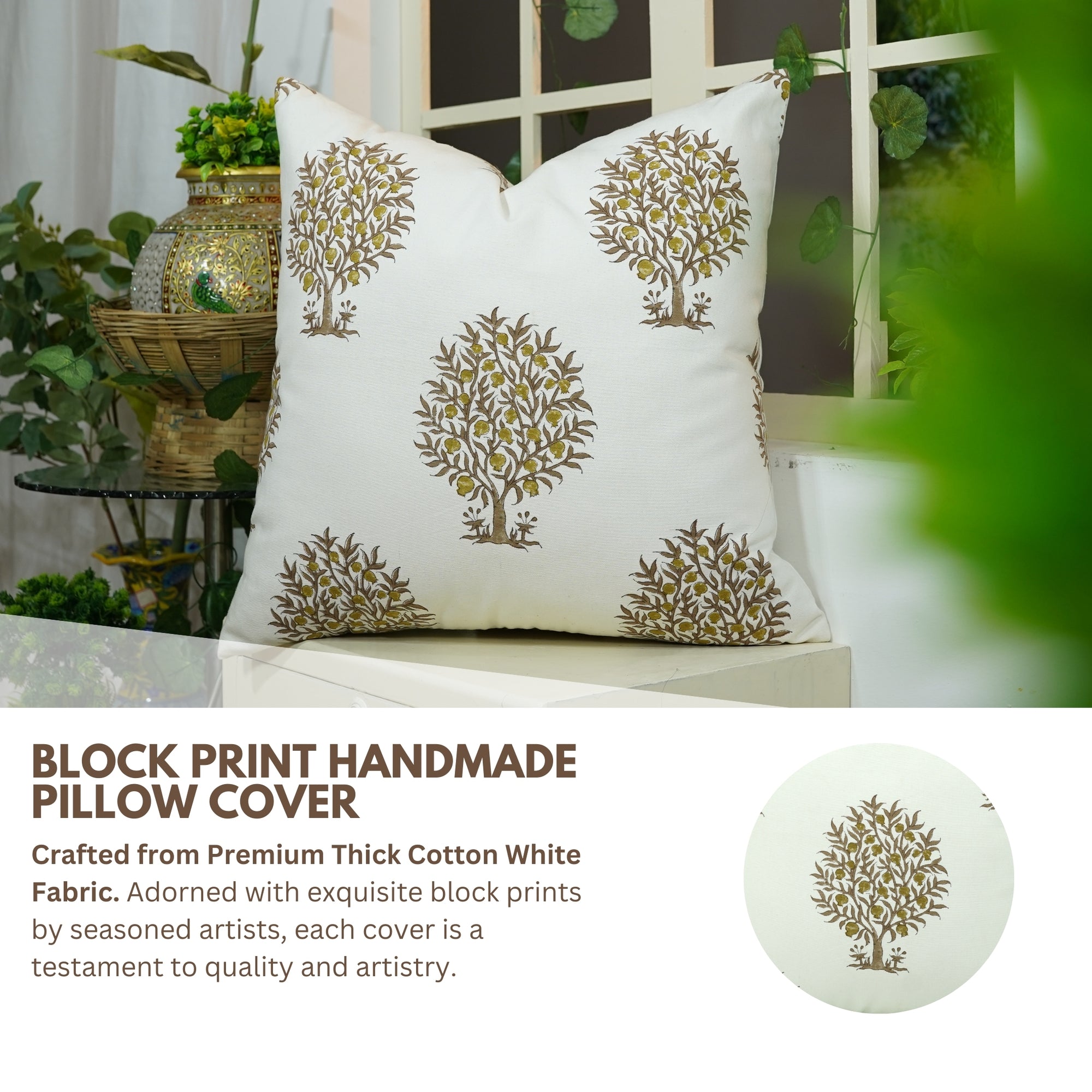 Hand Block Printed Thick Cotton White Designer Pillow Cover - Anar