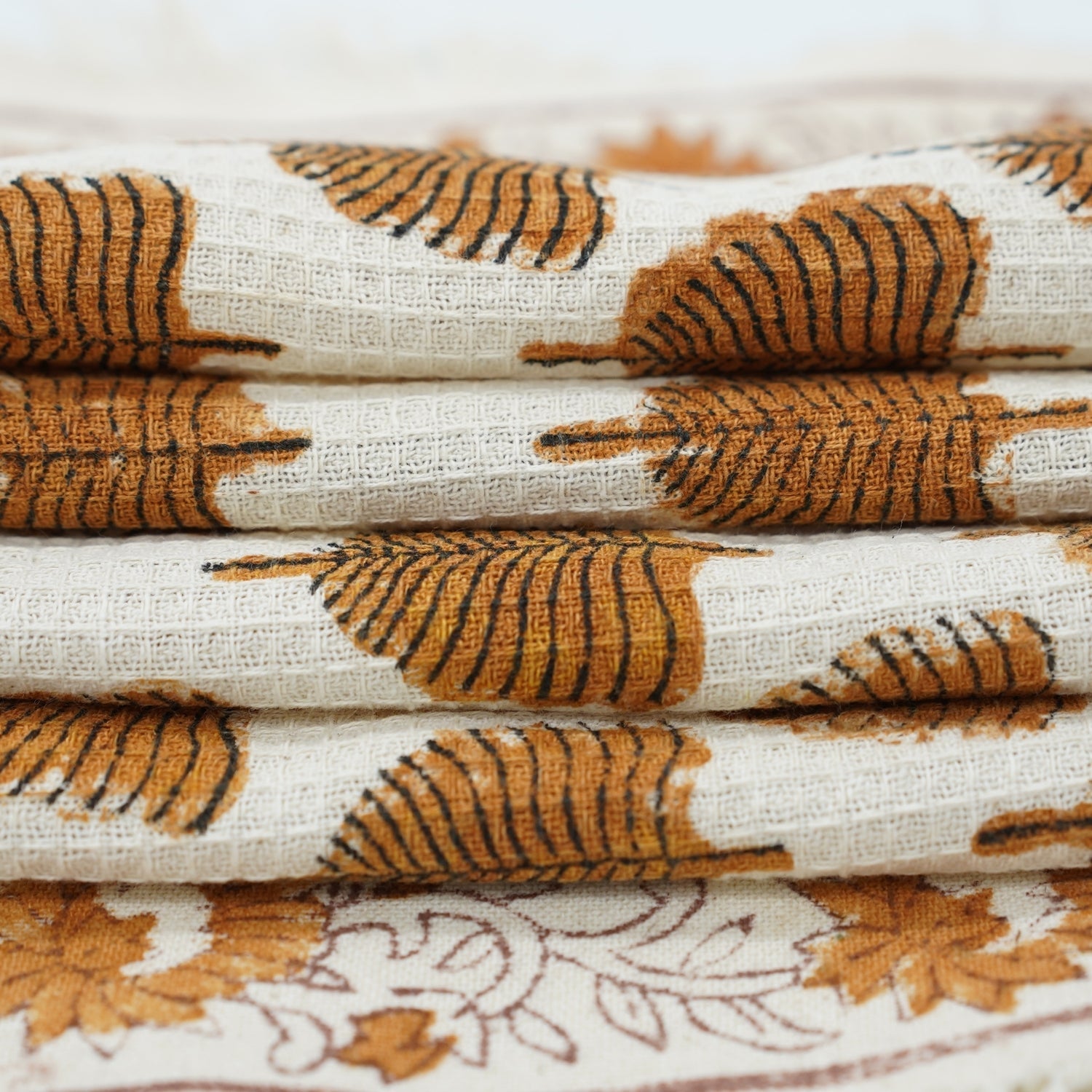 Handmade Block Printed Cotton Towels Waffle Weave For Bathrooms & Kitchens - Udaan Brown By Fabdivine