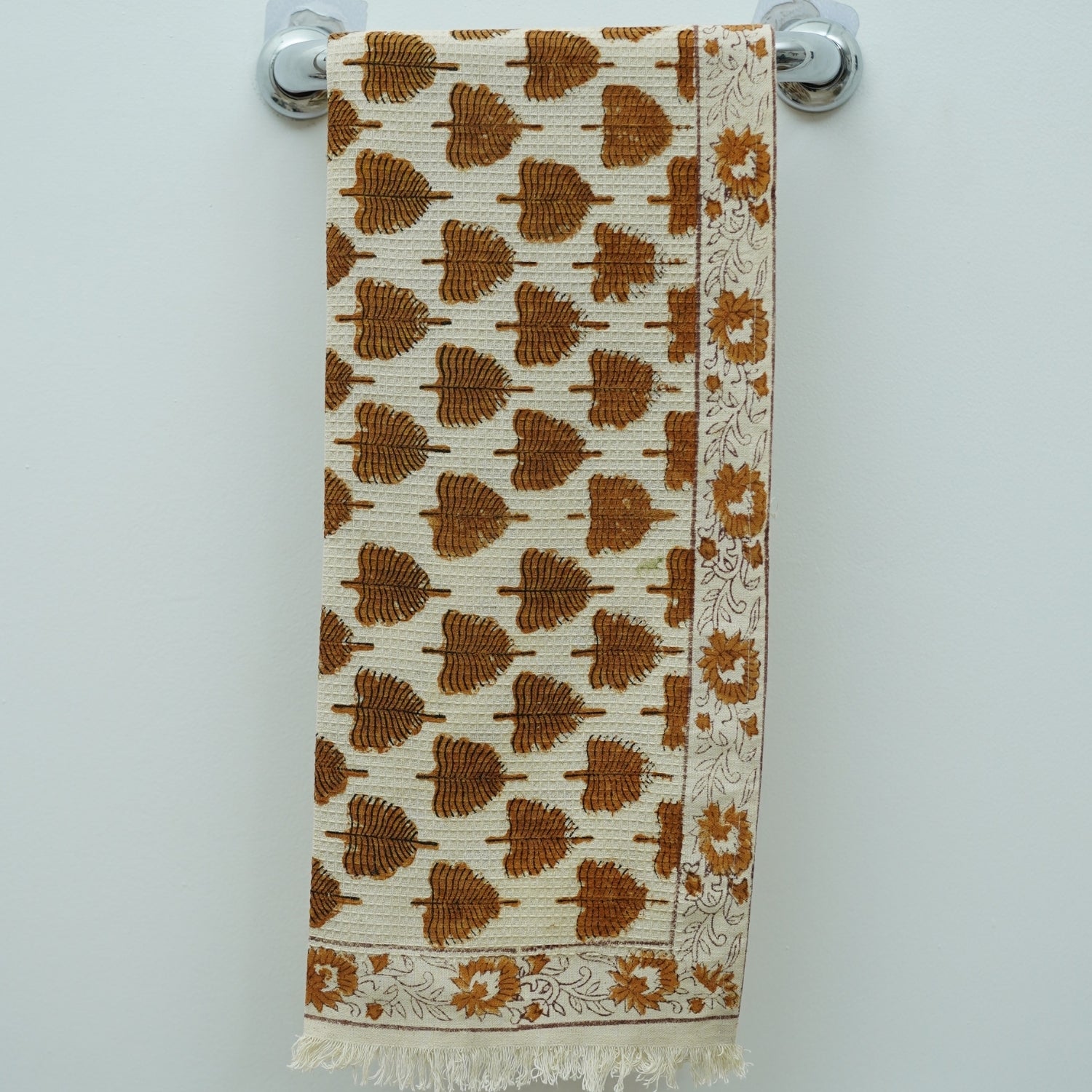 Handmade Block Printed Cotton Towels Waffle Weave For Bathrooms & Kitchens - Udaan Brown By Fabdivine