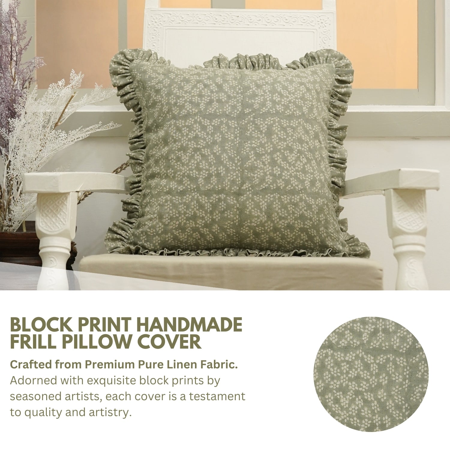 Block Print Pure Linen Frill Pillow Cover-Ola Vrishti