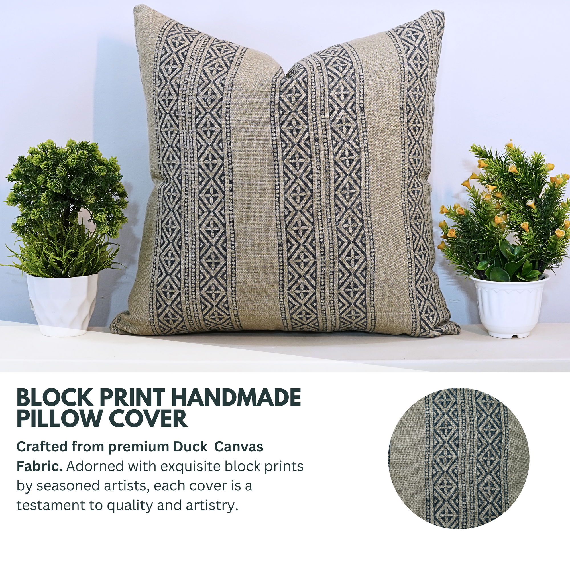 Block print Pillow cover for sofa, couch or bed- Thick Linen- KAJU KATLI - Fabdivine