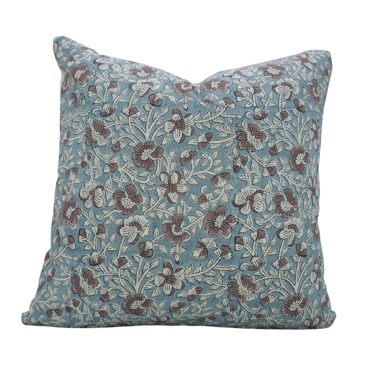 Saundrya Block Printed Handmade Floral Cushion Protector – Light Blue &amp; Brown 