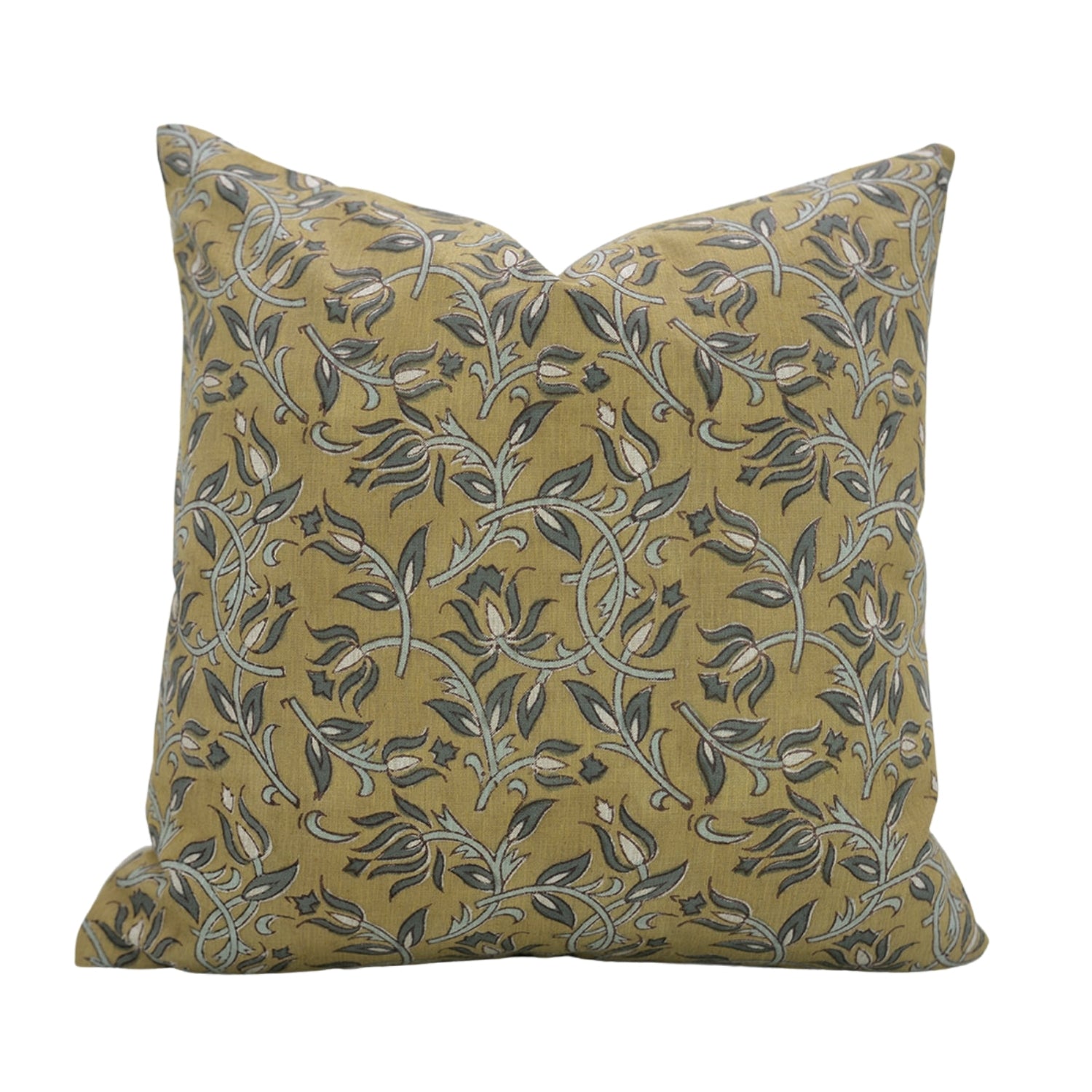 Kamal Dutta Floral Handmade Linen Cushion Cover – Dark Tan Green & Gray Block Printed