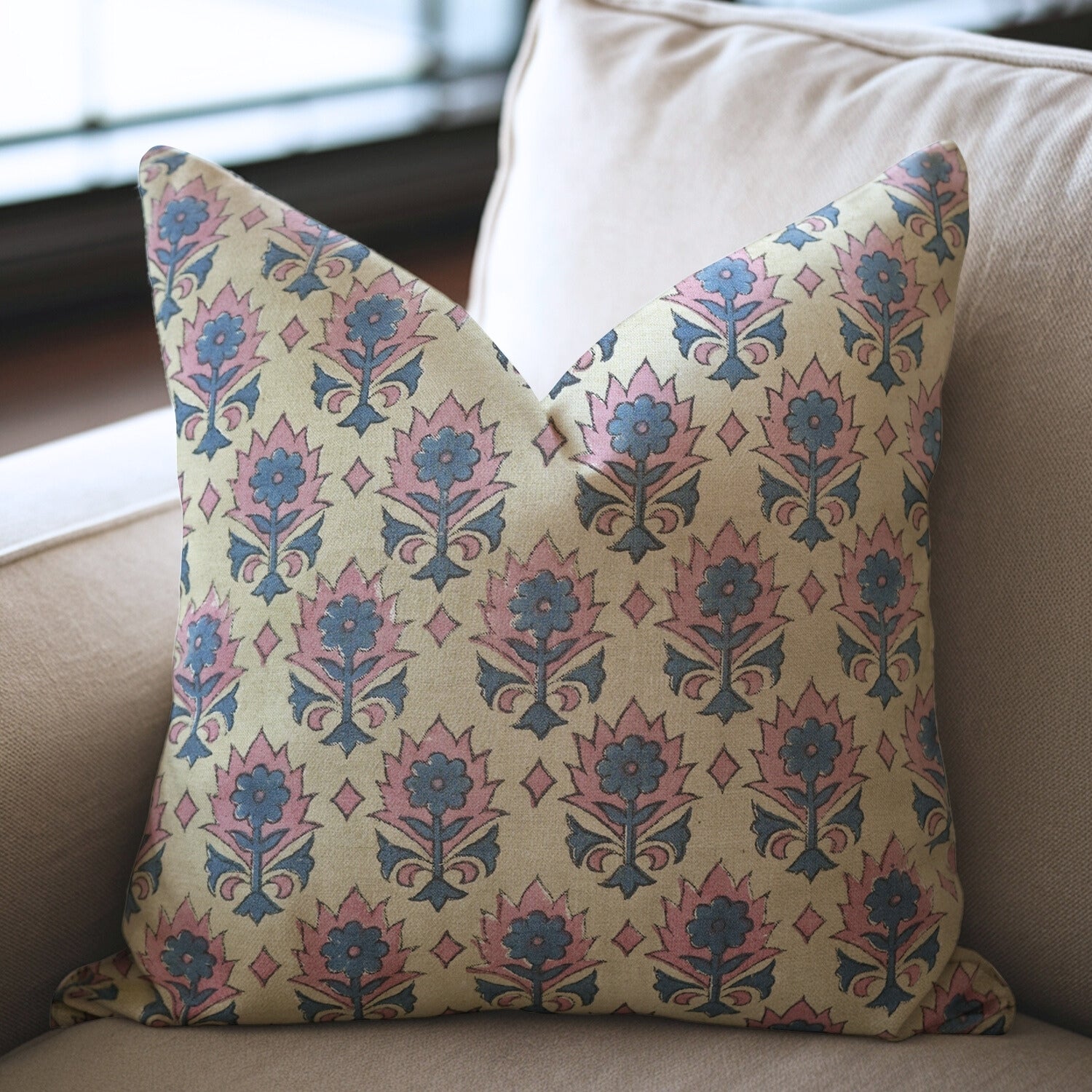 Linen Blend Handblock Printed Throw Cushion Case – Floral Design Kusum Blue By Fabdivine.