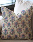 Linen Blend Handblock Printed Throw Cushion Case – Floral Design Kusum Blue By Fabdivine.