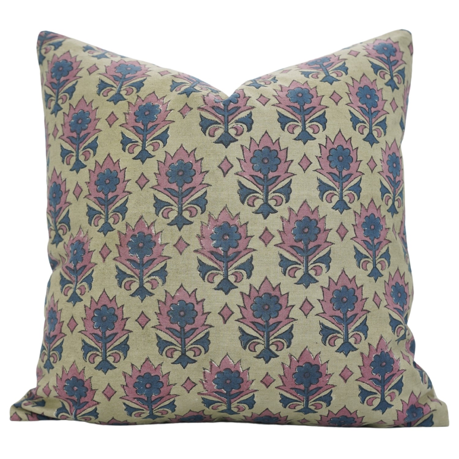 Linen Blend Handblock Printed Throw Cushion Case – Floral Design Kusum Blue By Fabdivine.