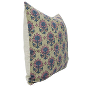 Linen Blend Handblock Printed Throw Cushion Case – Floral Design Kusum Blue By Fabdivine.