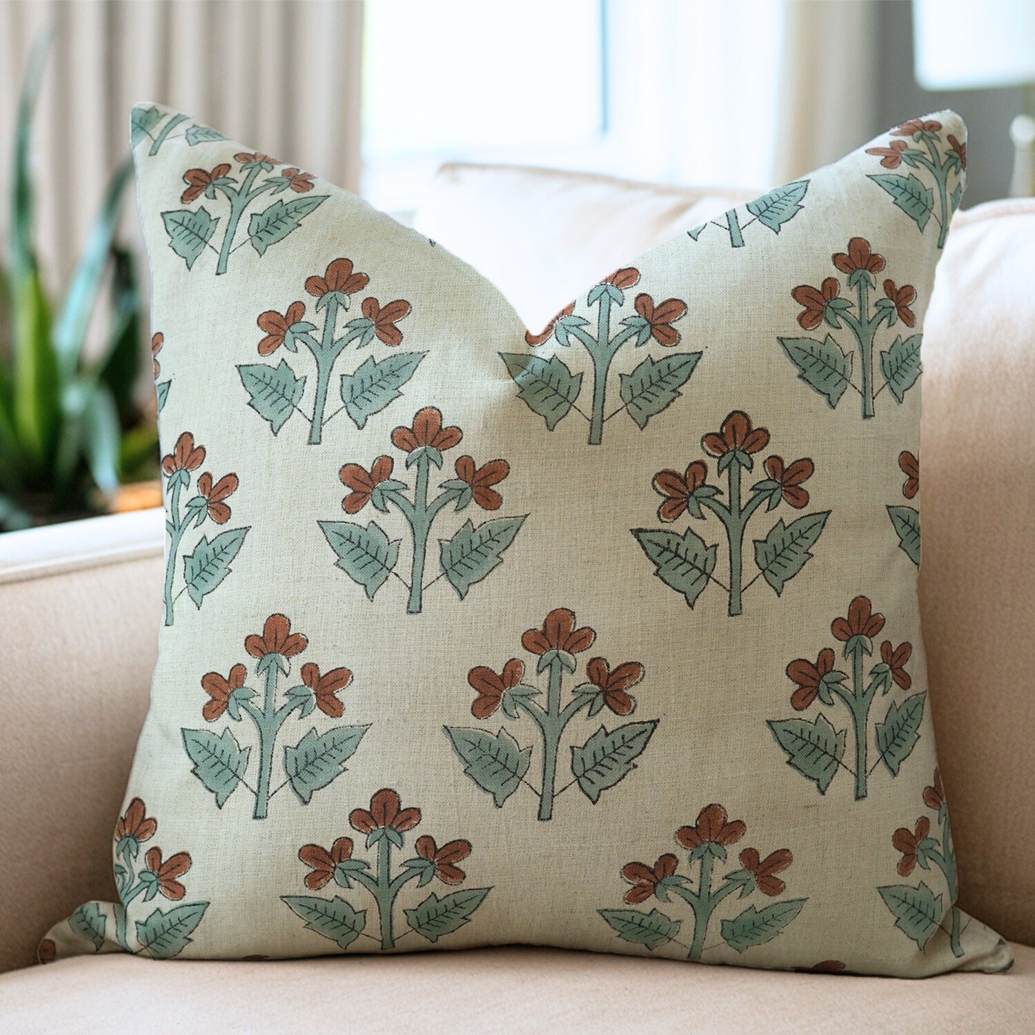 Handblock Floral Print Throw Pillow Case - 100% Pure Linen in Brown and Gray