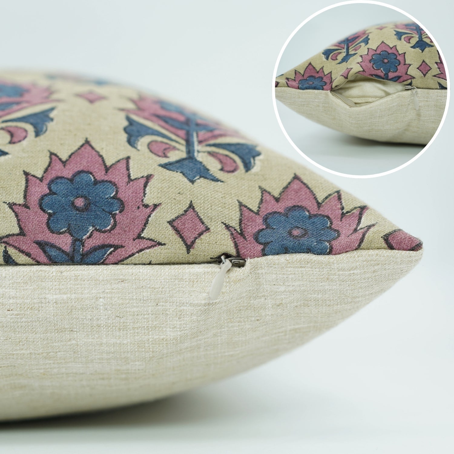 Linen Blend Handblock Printed Throw Cushion Case – Floral Design Kusum Blue By Fabdivine.