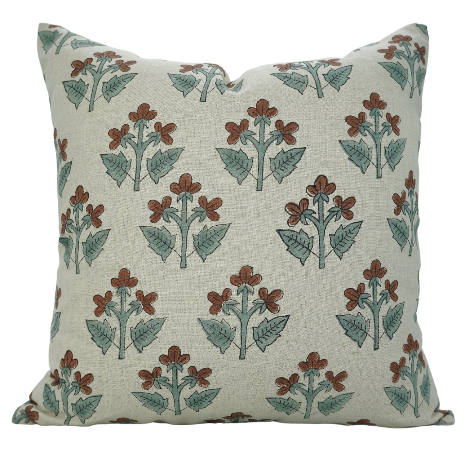 Handblock Floral Print Throw Pillow Case - 100% Pure Linen in Brown and Gray