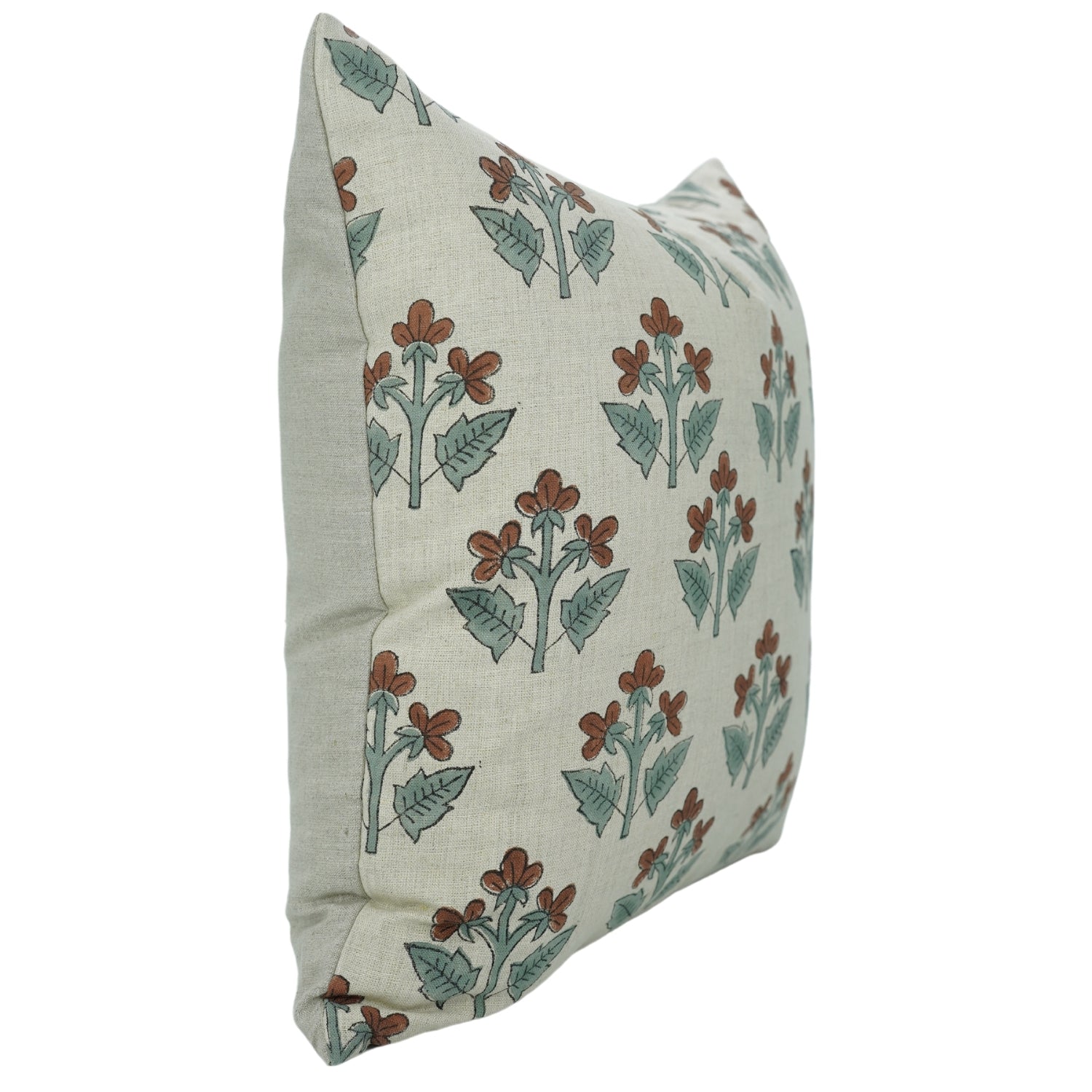 Handblock Floral Print Throw Pillow Case - 100% Pure Linen in Brown and Gray