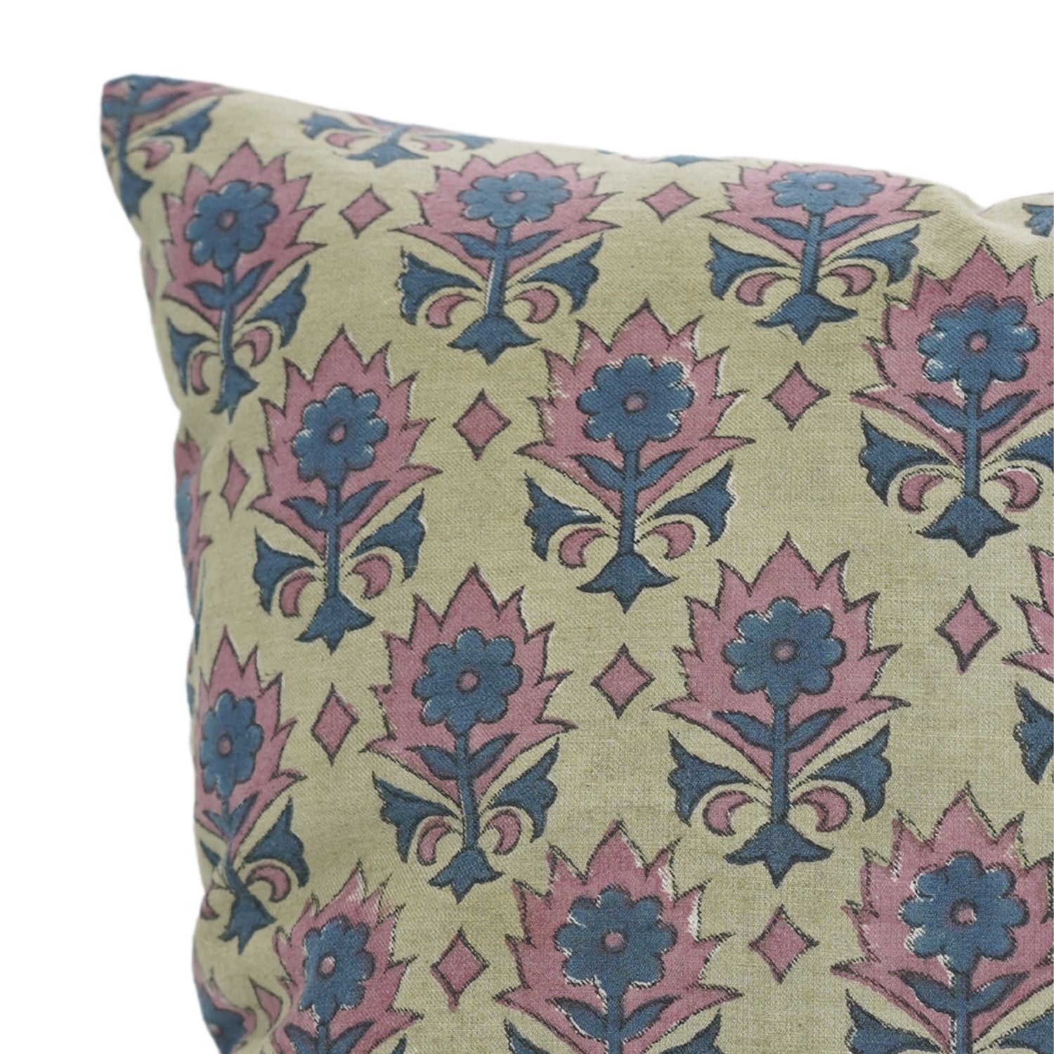 Linen Blend Handblock Printed Throw Cushion Case – Floral Design Kusum Blue By Fabdivine.