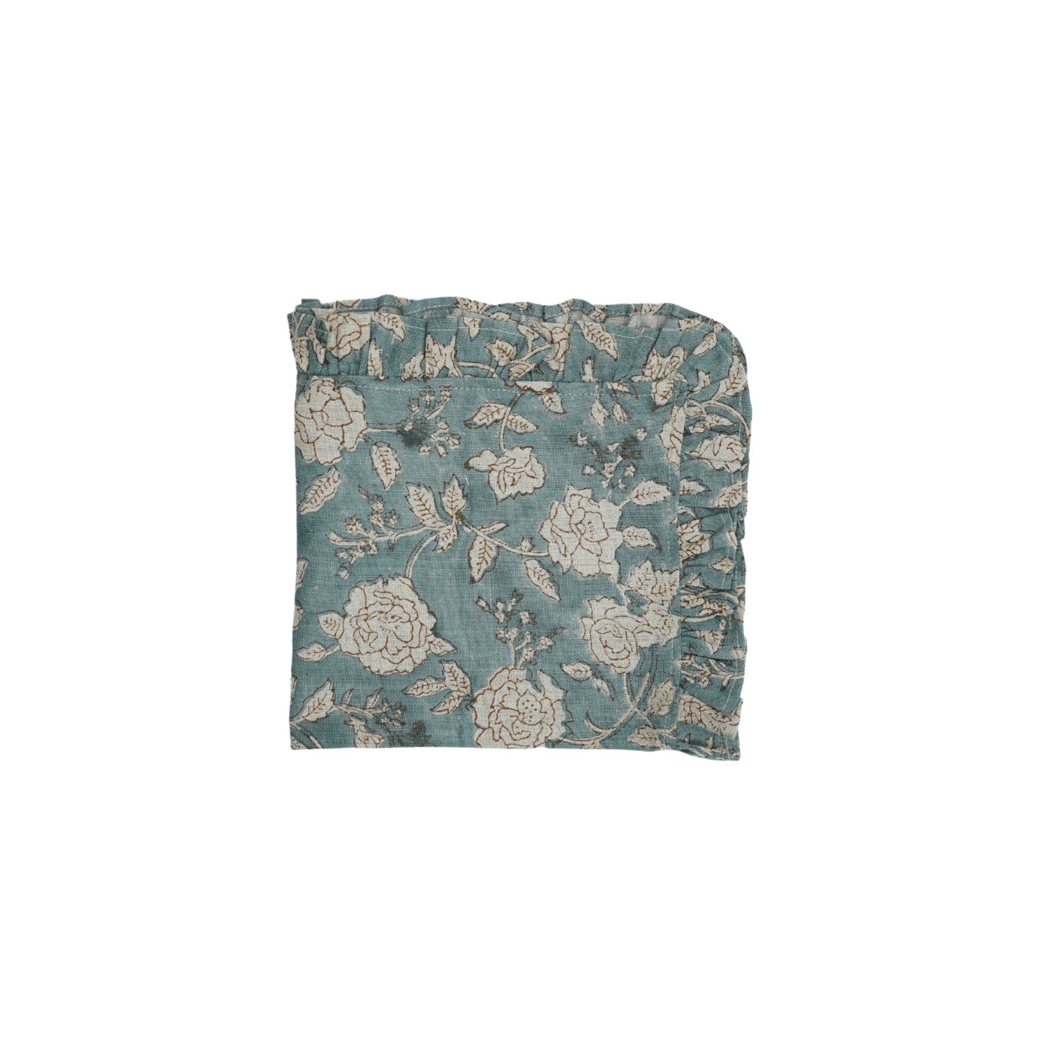 Handmade Pure Linen Frill Wavy Edge Napkins Rameshwaram Sage Green Floral Block Printed