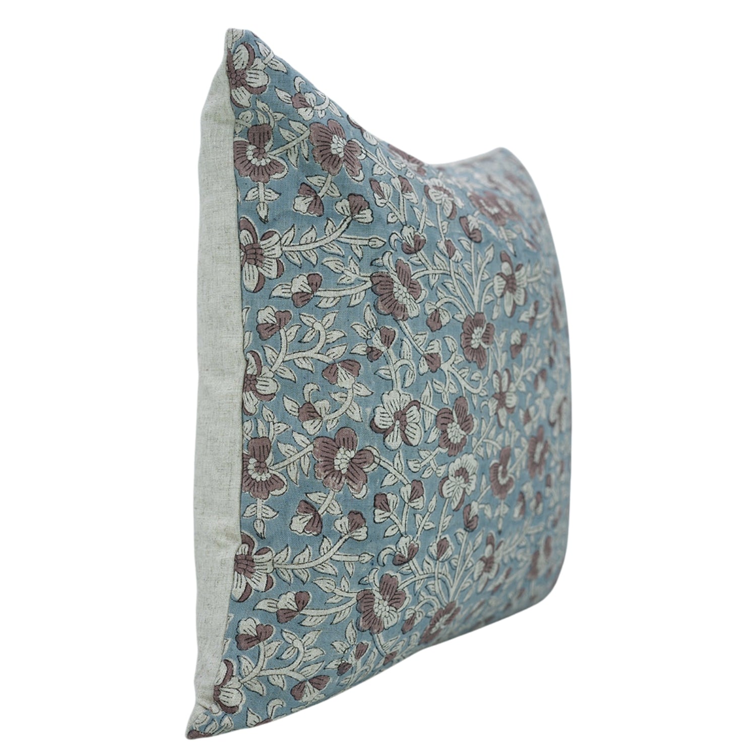 Saundrya Block Printed Handmade Floral Cushion Protector – Light Blue & Brown 