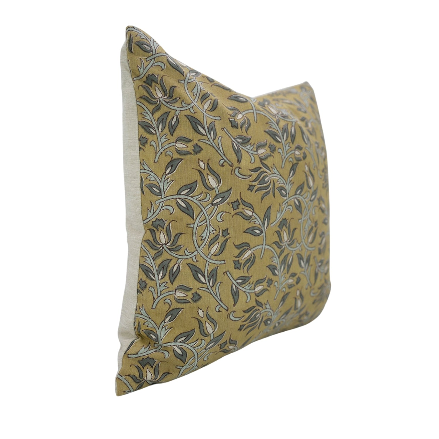 Kamal Dutta Floral Handmade Linen Cushion Cover – Dark Tan Green & Gray Block Printed