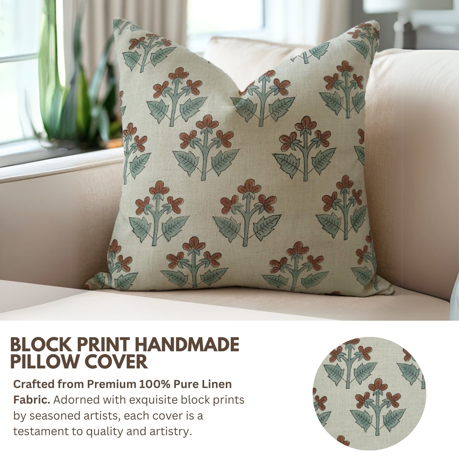 Handblock Floral Print Throw Pillow Case - 100% Pure Linen in Brown and Gray