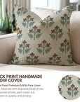 Handblock Floral Print Throw Pillow Case - 100% Pure Linen in Brown and Gray