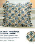 Block Print Off-White Linen Frill Pillow Cover-Pushpa Samhita