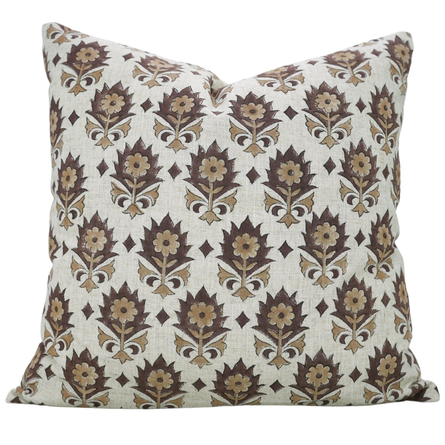 Kusum Brown Viscose Linen Handblock Floral Cushion Cover - Elegant, Artisan Crafted By Fabdivine