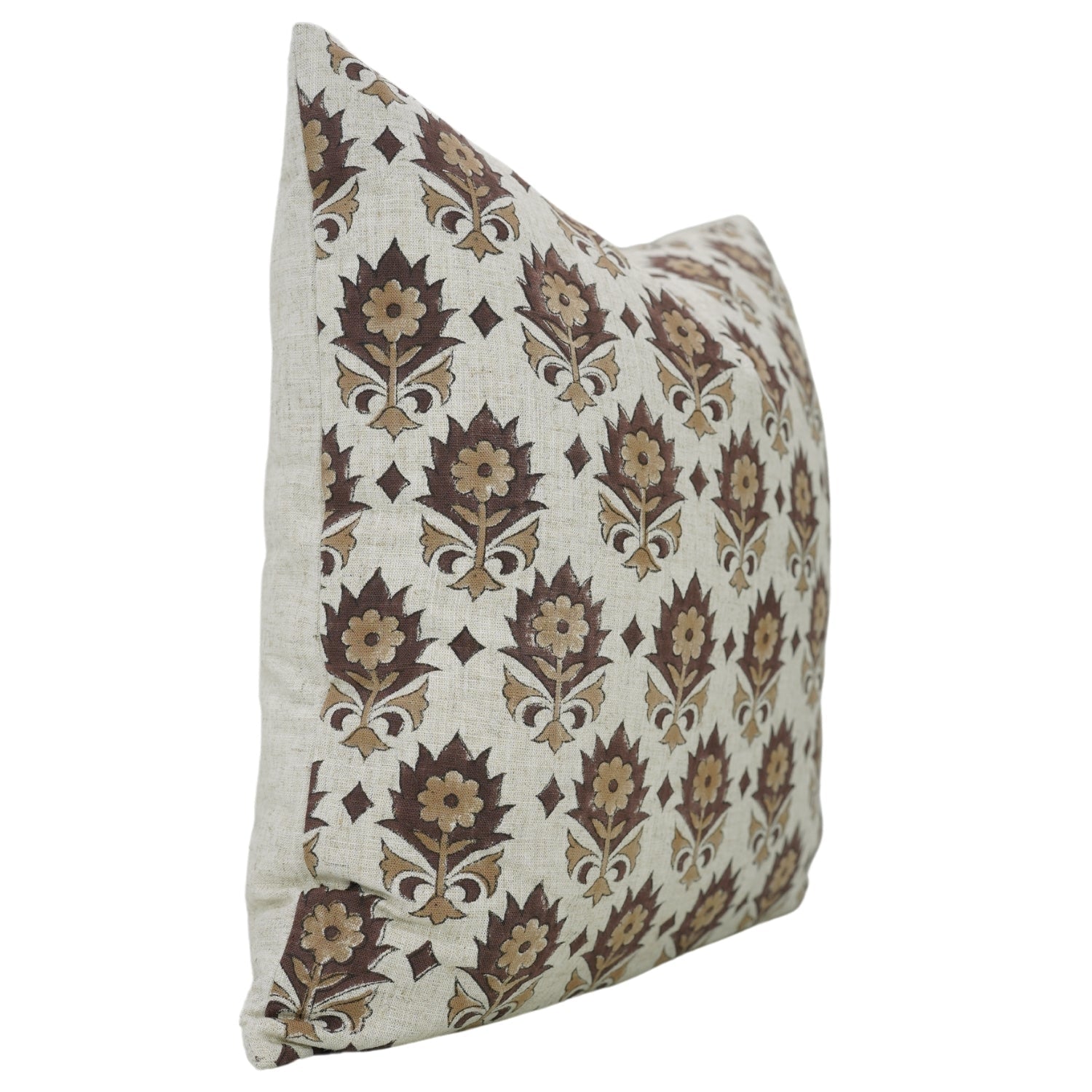 Kusum Brown Viscose Linen Handblock Floral Cushion Cover - Elegant, Artisan Crafted By Fabdivine