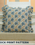 Block Print Off-White Linen Frill Pillow Cover-Pushpa Samhita