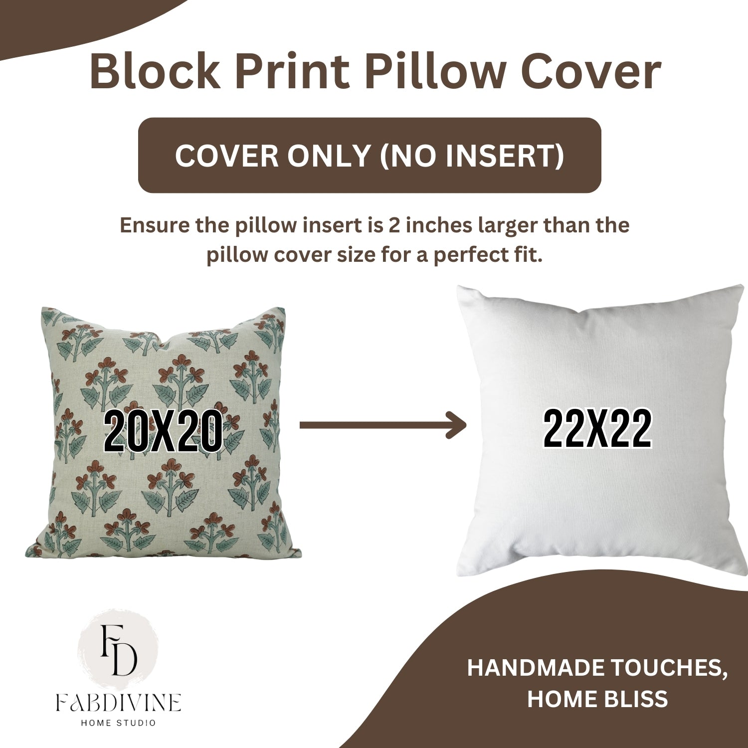 Handblock Floral Print Throw Pillow Case - 100% Pure Linen in Brown and Gray