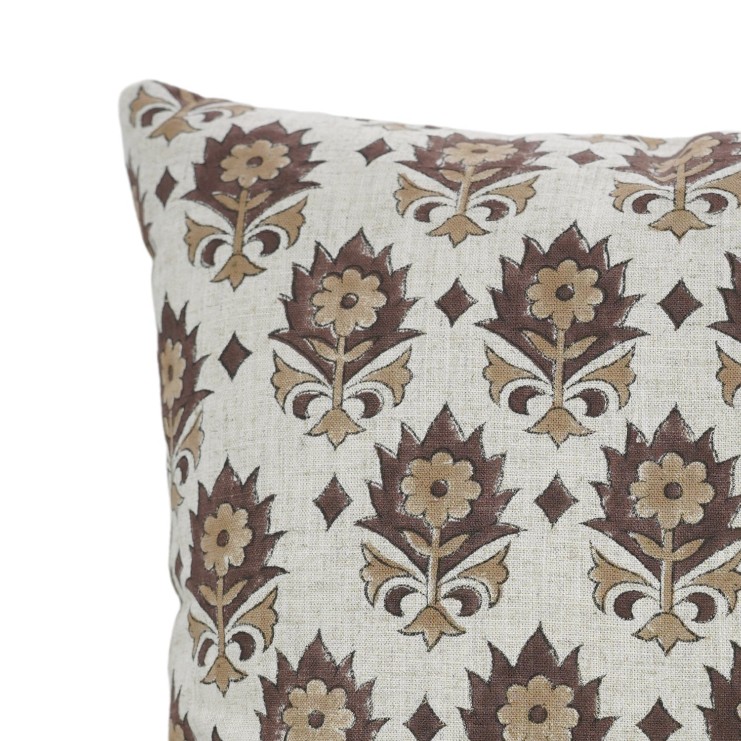 Kusum Brown Viscose Linen Handblock Floral Cushion Cover - Elegant, Artisan Crafted By Fabdivine