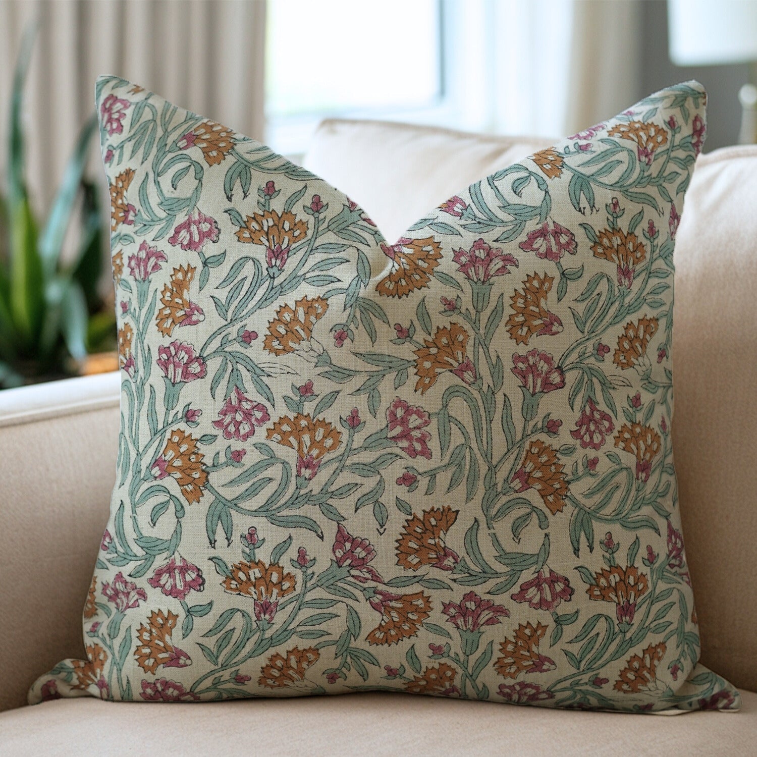 Home Decorative Living Room Cushion Cover – Pure Linen Hand Block Printed Thorny Stems Floral Design By Fabdivine