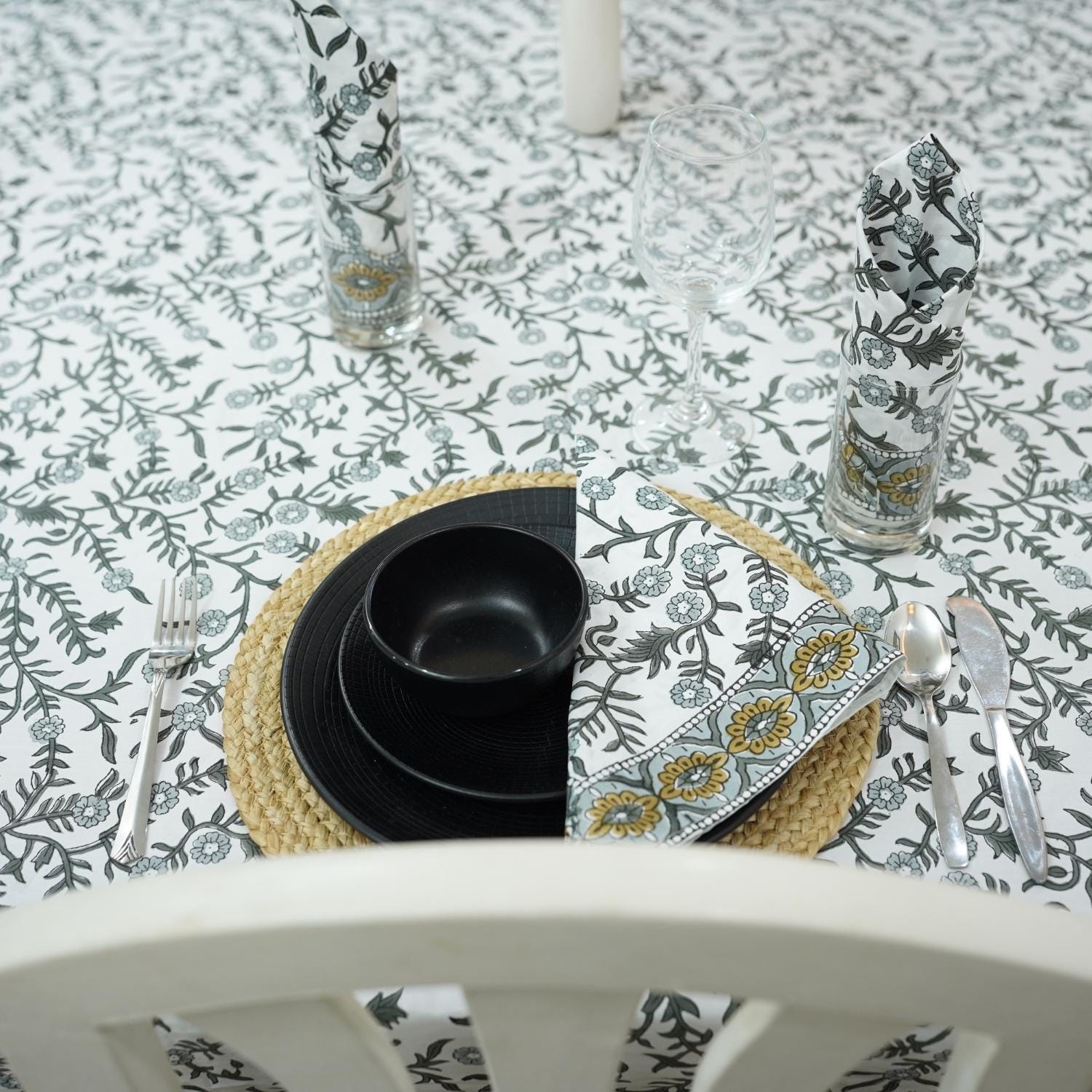 FLORAL HAND BLOCK PRINTED 100% COTTON KITCHEN TABLE COVER AND NAPKINS SET - SEHJAN