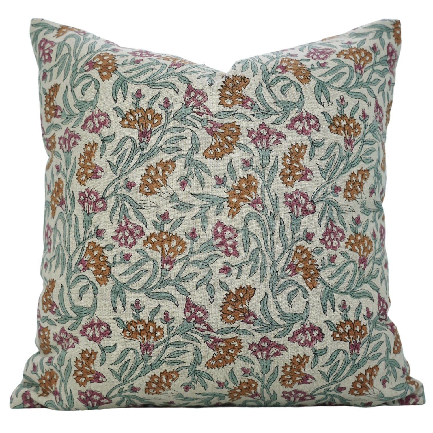 Home Decorative Living Room Cushion Cover – Pure Linen Hand Block Printed Thorny Stems Floral Design By Fabdivine