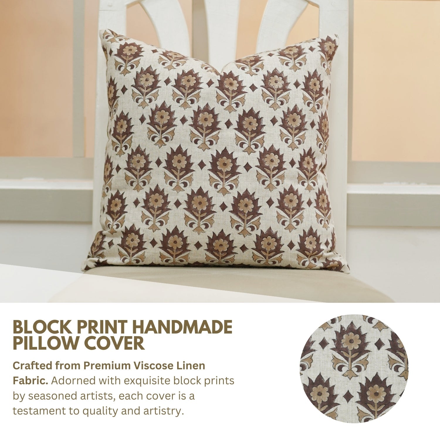 Kusum Brown Viscose Linen Handblock Floral Cushion Cover - Elegant, Artisan Crafted By Fabdivine