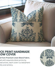 Boho Handblock Printed Pillow Case – Vrindavan Blue Floral Linen Blend By Fabdivine.