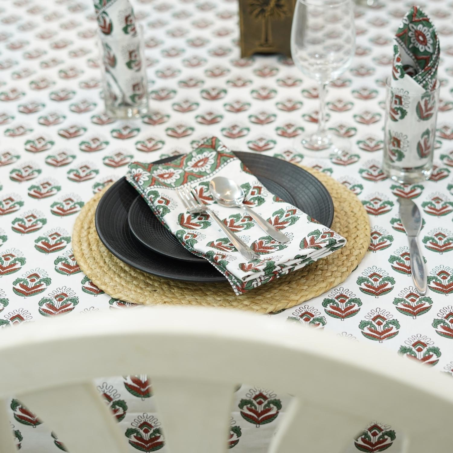 HAND BLOCK PRINTED FLORAL COTTON KITCHEN TABLE WRPS And NAPKINS SET - CHUI MUI