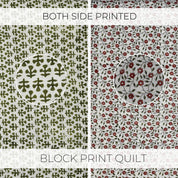 Block Printed Floral Green And Brown Handmade Cotton Quilt