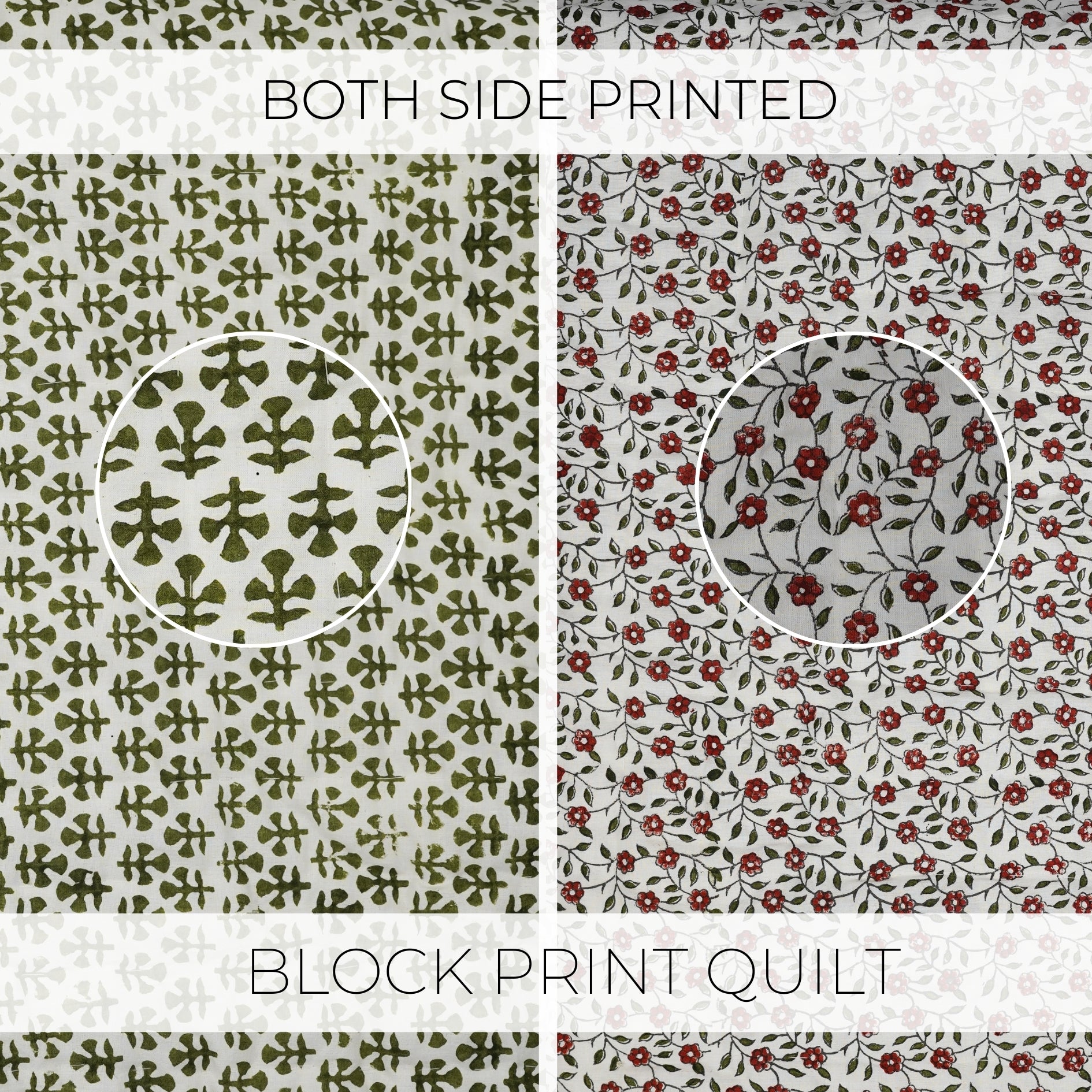 Block Printed Floral Green And Brown Handmade Cotton Quilt