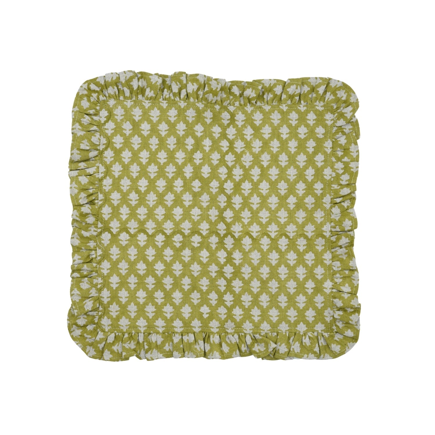 Handcrafted Floral Printed Pure Linen Luxurious Ruffle Frill Table Napkins Pinkcity with Green 